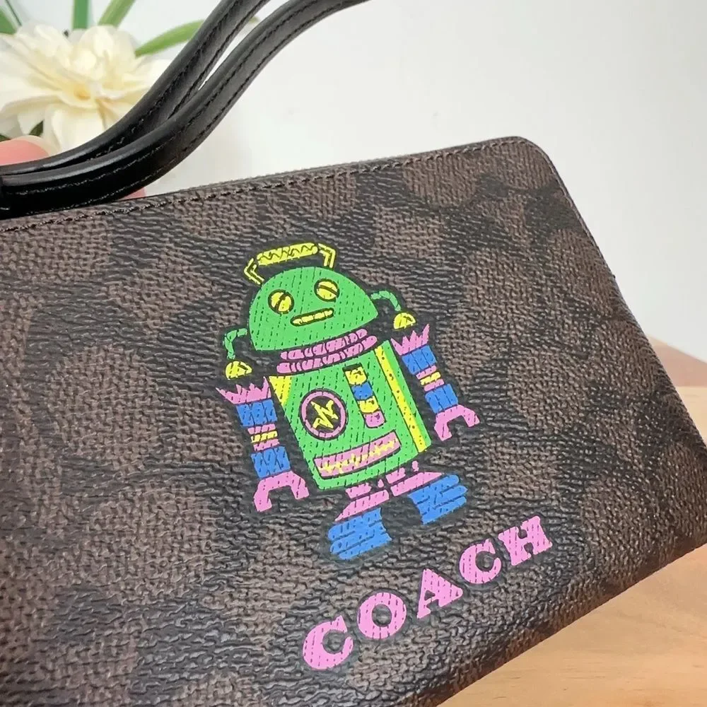 NWT Coach Cosmic Coach Corner‎ Zip Wristlet In Signature Canvas With Robot Print - Picture 2 of 6